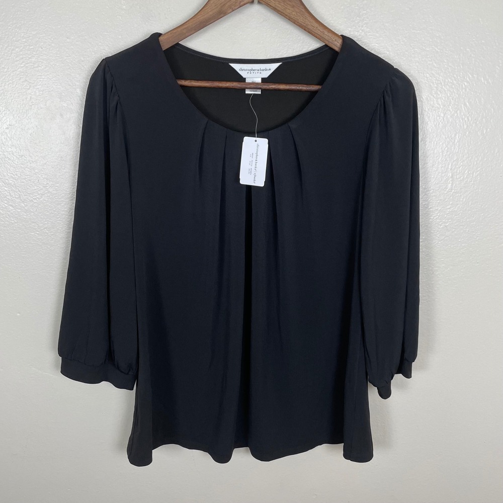 Christopher & Banks Women's PM Blouse Black Pleated Scoop Neck 3/4‎ Sleeve NEW